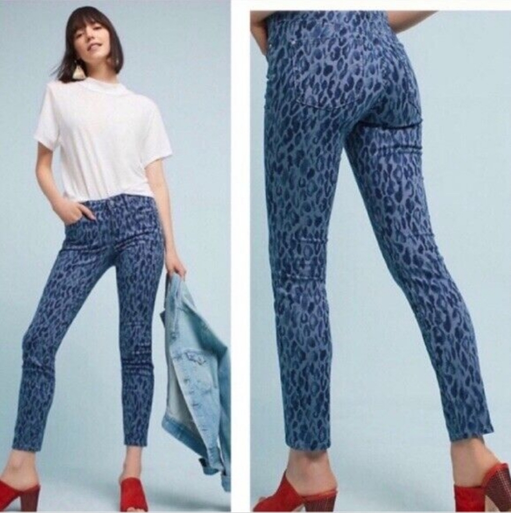 Anthropologie Pilcro & Letterpress Blue Leopard Midrise Skinny Petite Jeans